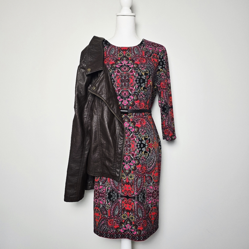 Liz Claiborne Red and Black Paisley Long Sleeve Sheath Dress